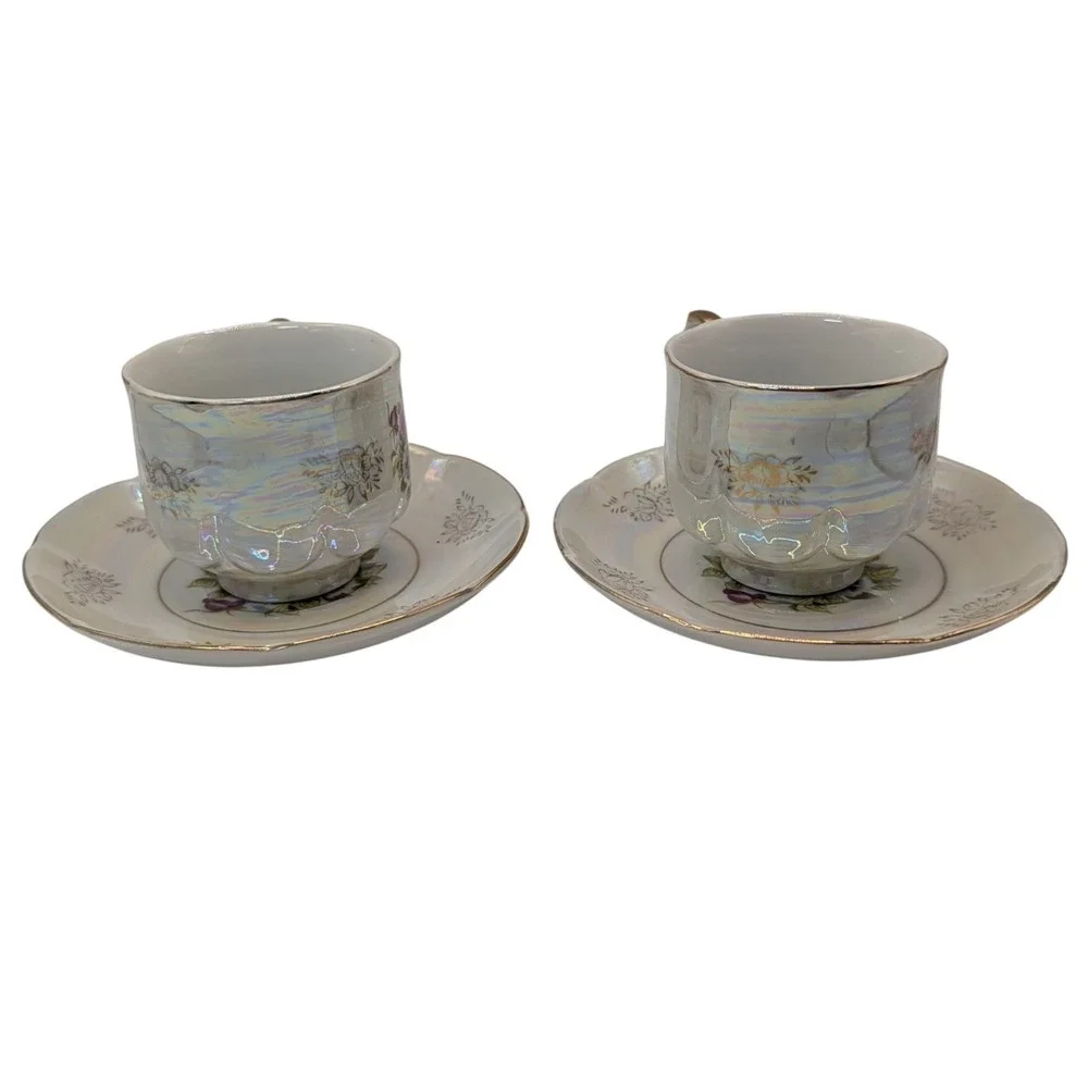 Vintage Seyei Fine China Demitasse Cups and Saucers Iridescent Floral Set of Two
